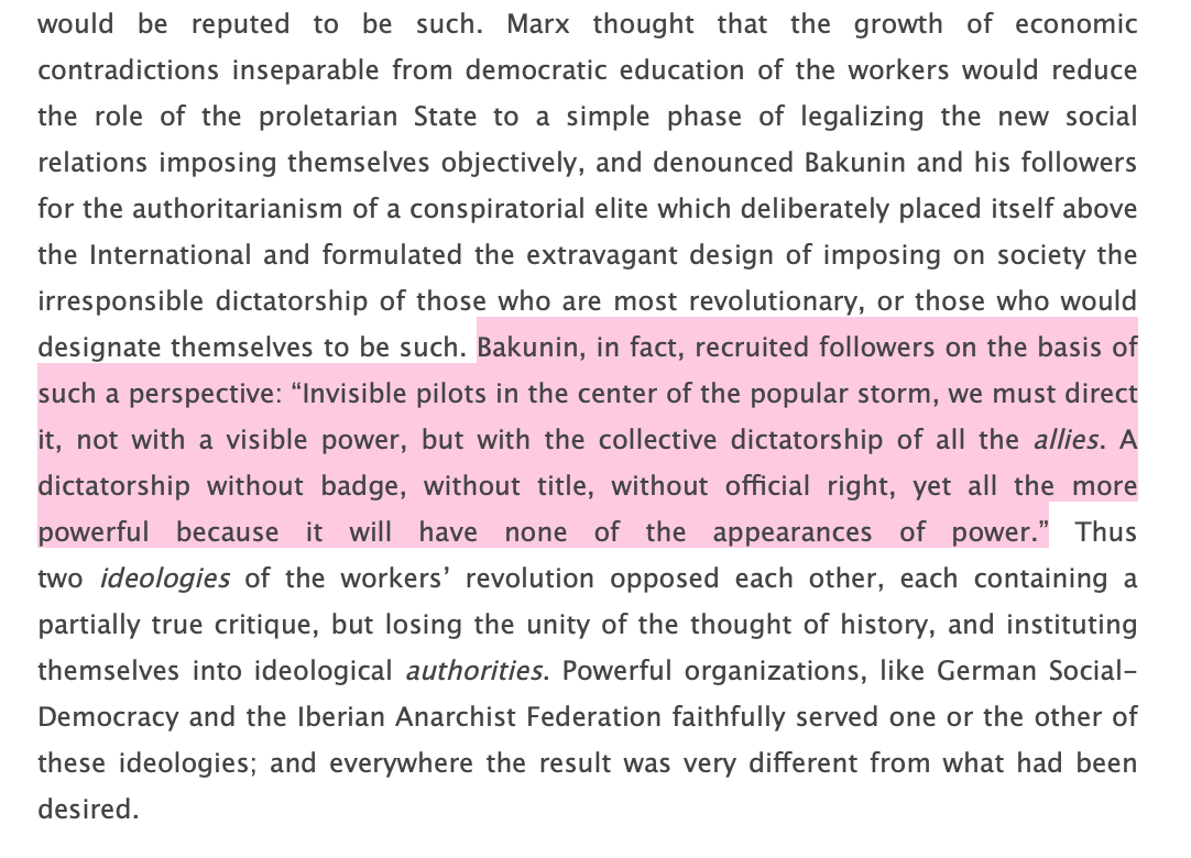 lott words from debord's Society of Spectacle that nobody is going to read with a quote by Bakunin highlighted: Bakunin, in fact, recruited followers on the basis of such a perspective: “Invisible pilots in the center of the popular storm, we must direct it, not with a visible power, but with the collective dictatorship of all the allies. A dictatorship without badge, without title, without official right, yet...