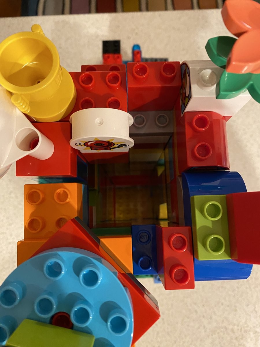 huge every-block-we-have duplo house and chimney, looking down the chimney