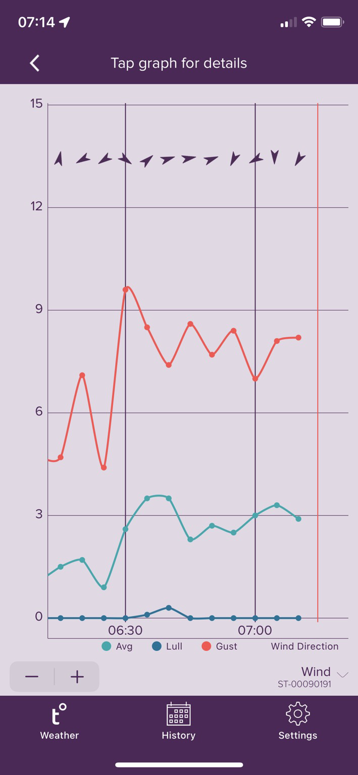 weather station line plot of wind lull, gust, and average speeds, peaking around 10