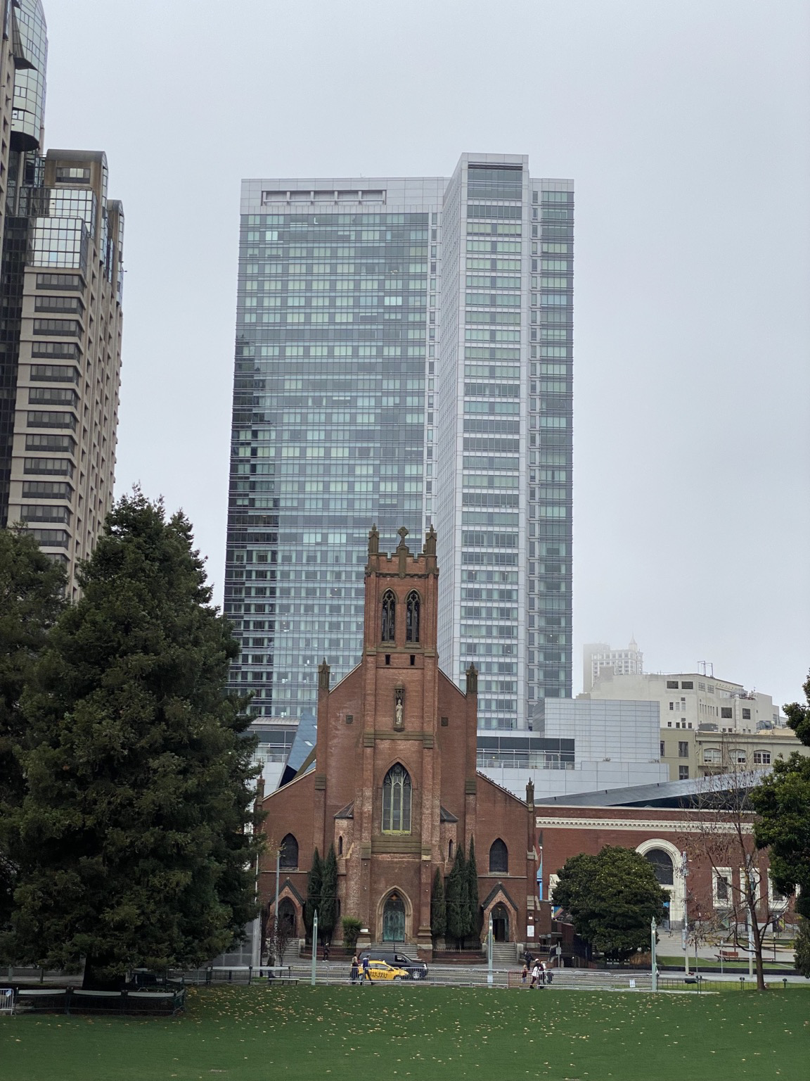 St. Patrick's Catholic Church, a Roman Catholic church in San Francisco, California, founded in 1851. It is located at 756 Mission Street, between 3rd and 4th streets, across the street from Yerba Buena Gardens, in front of a much taller glass tower