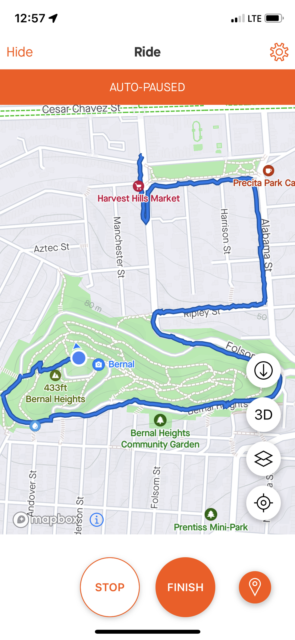 map of my ride path from strava, which tells this story: i know i'll just ride straight up folsom! no fuck this, back down to precita park and around, up ripley instead