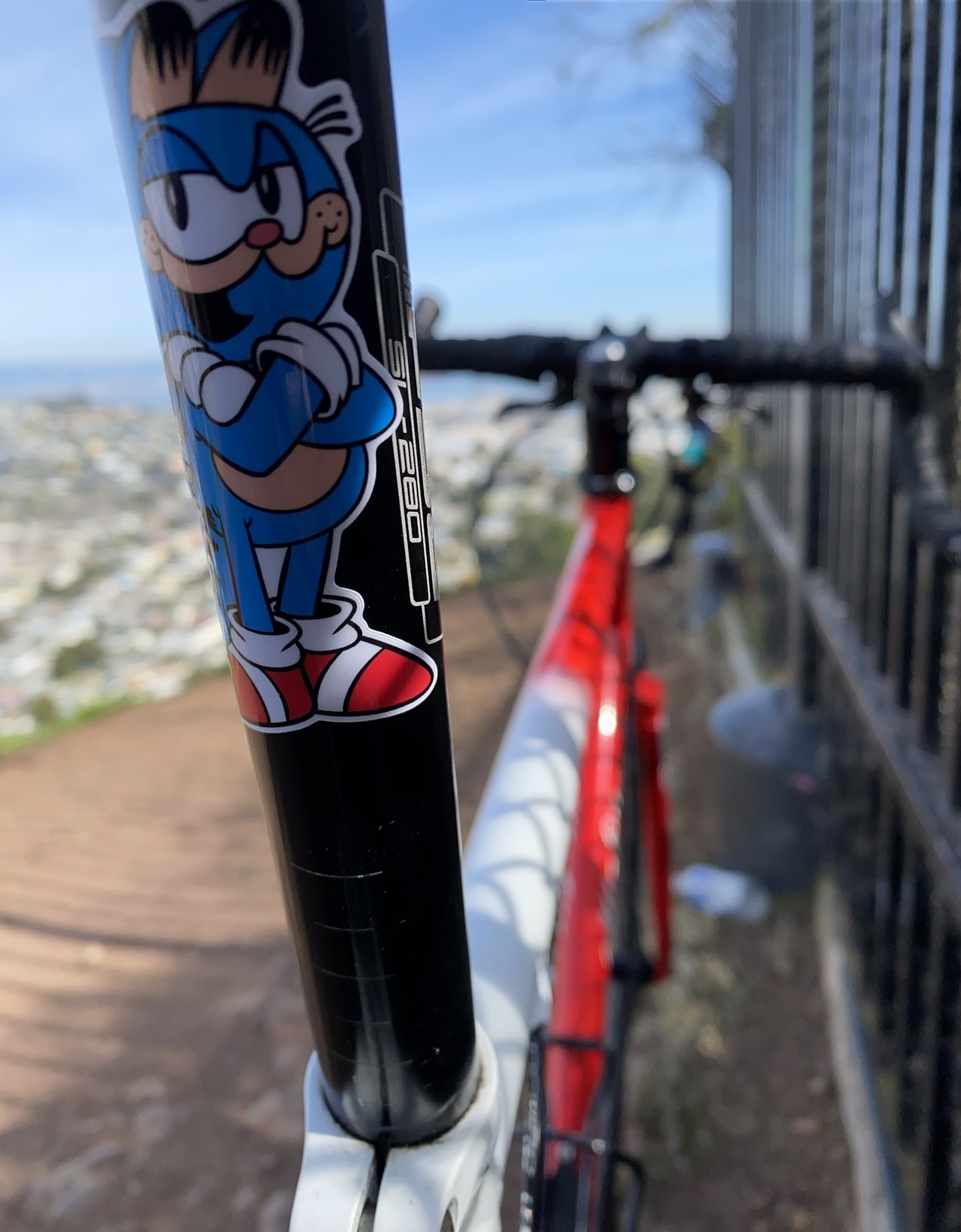 the sticker on the back of my seat post of a sonic the hedgehog / garfield chimera from a different angle