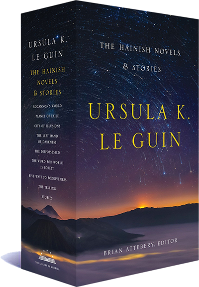 a 3D rendering of the box that The Hainish Novels and Stories of Ursula K. Le Guin comes in. It has a wrap around color photo of a long-exposure shot of the night sky turning over mountains as the sun rises (or sets?) behind them. Kind of a boring cover tbh.