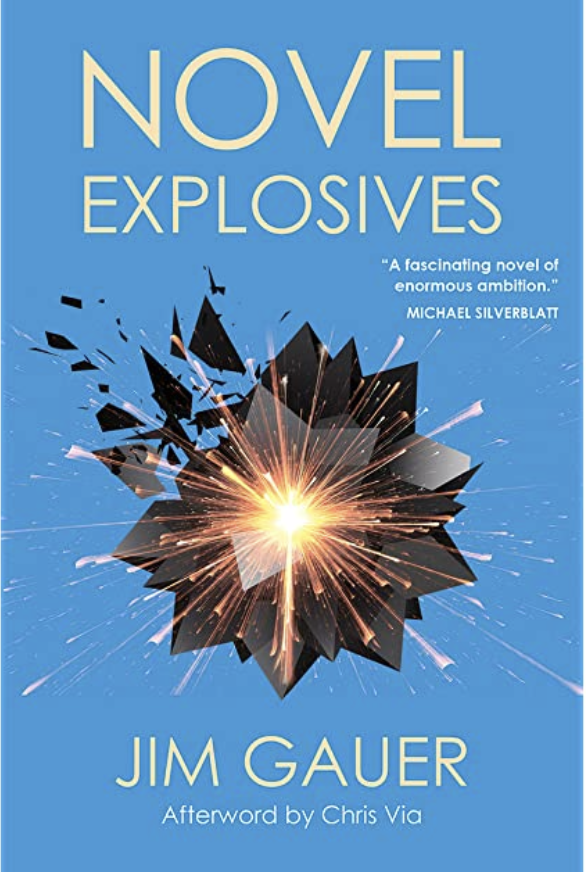 The 2022 paperback cover of Novel Explosives, a frozen stellar explosion over a shattering black flower of flat glass centered in a field of sky blue with the title over the top and author’s name over the bottom in cream all-caps san serif.