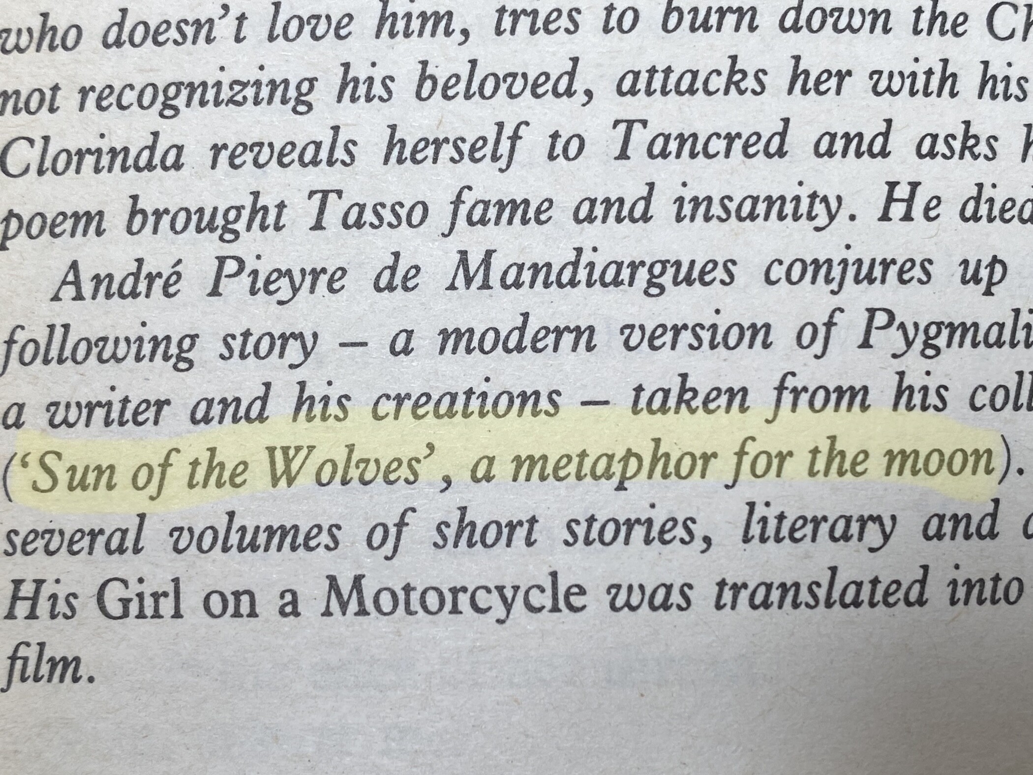 one of those annoying photographs of of the book the poster is reading, in this case another story in Black Water.this is a fragment of the introduction to "Clorinda", by André Pieyre de Mandiargues. the text doesn't matter so much as the post content, which is highlighted in yellow in the photo