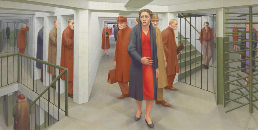 The Subway is the best known of the figurative paintings George Tooker made in response to the social injustices and isolation of postwar urban society—paintings that find an analogue in the period’s existentialist philosophy. In The Subway, Tooker employed multiple vanishing points and sophisticated modeling to create an imagined world that is presented in a familiar urban setting. Whether closed off in tiled niches or walking down the long passageway, each androgynous, anxiety-ridden figure appears psychologically estranged, despite being physically close to others in the station. The central group of commuters is locked in a grid of the metal grating’s cast shadows, while the labyrinthine passages seem to lead nowhere, suspending the city’s inhabitants in a modern purgatory. As Tooker remarked, he chose the subway as the setting for this painting because it represented “a denial of the senses and a negation of life itself.”   (https://whitney.org/collection/works/3052)