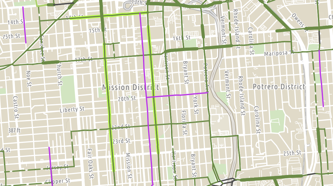 screenshot of the linked bike map from the castro to potrero 