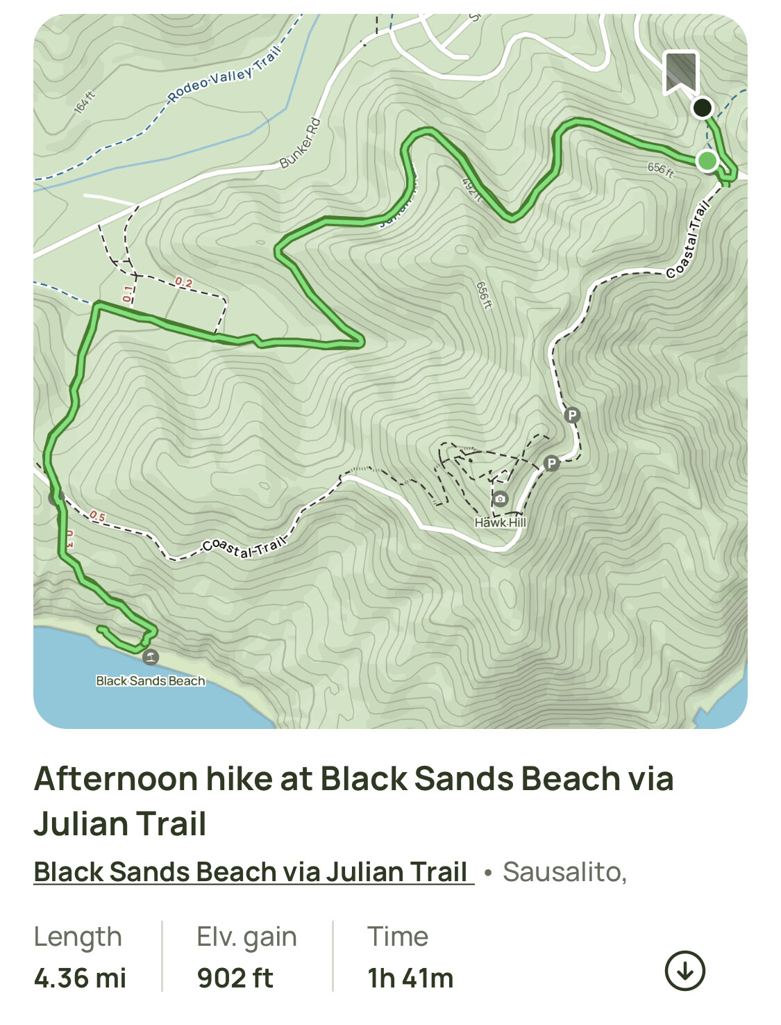 all trails.app hike summary, a square topo map detailing a zig-zagging westerly hike along a ridge and then descending steeply to the beach4.36 miles, 902 ft elevation gained, 1 hour 41 minutes to complete