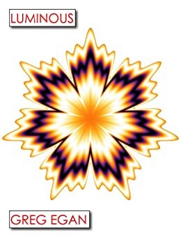 the cover of Egan’s self-published edition from 2022, as I read it, a mostly white cover with a star burst illustration in the center in tints and shades of orange, title in author’s name in all-caps san serif red