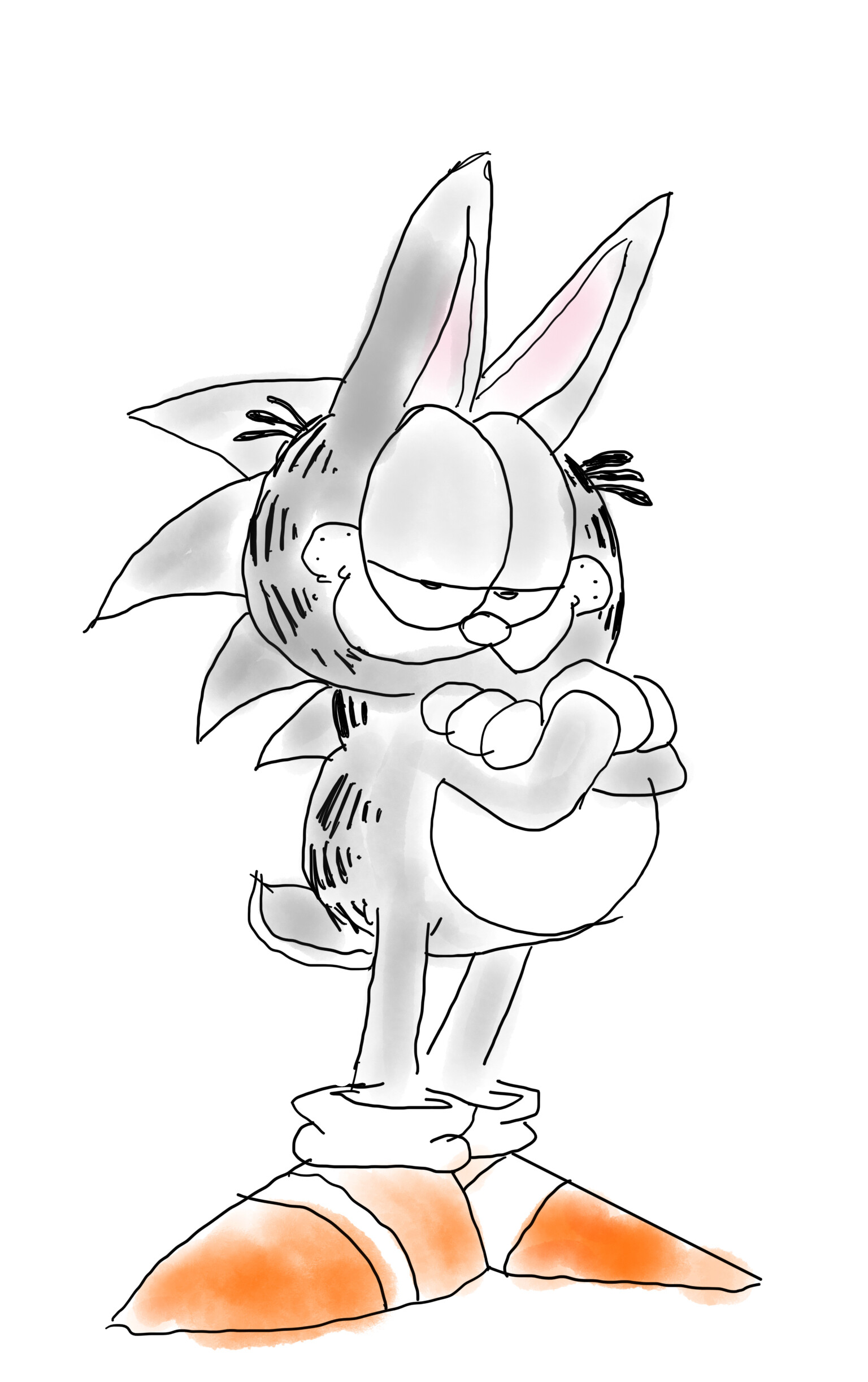 a garfield-sonic-bunny illustration bastardization I lined in apple notes over another artists’s illustartion with garfield’s legs, crossed arms, head, and stripes, Sonic’s spikes and shoes, and (my only additions) a rabbits ears and tail, watercolored with gray fur and carrot-orange shoes