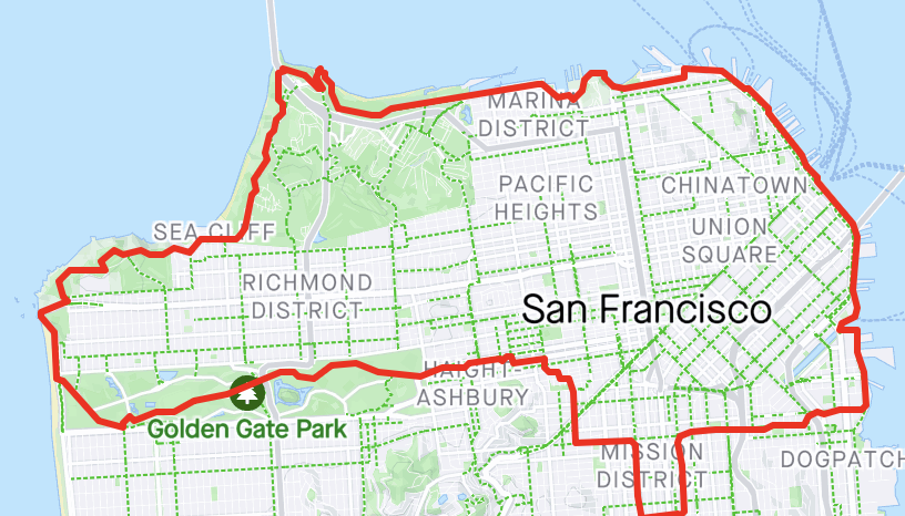 a strava screenshot of a bike route loop lined in red over San Francisco, from the Mission east to Oracle Arena, along the waterfront north and then west around to Ocean Beach and back through Golden Gate Park to the wiggle back to the mission