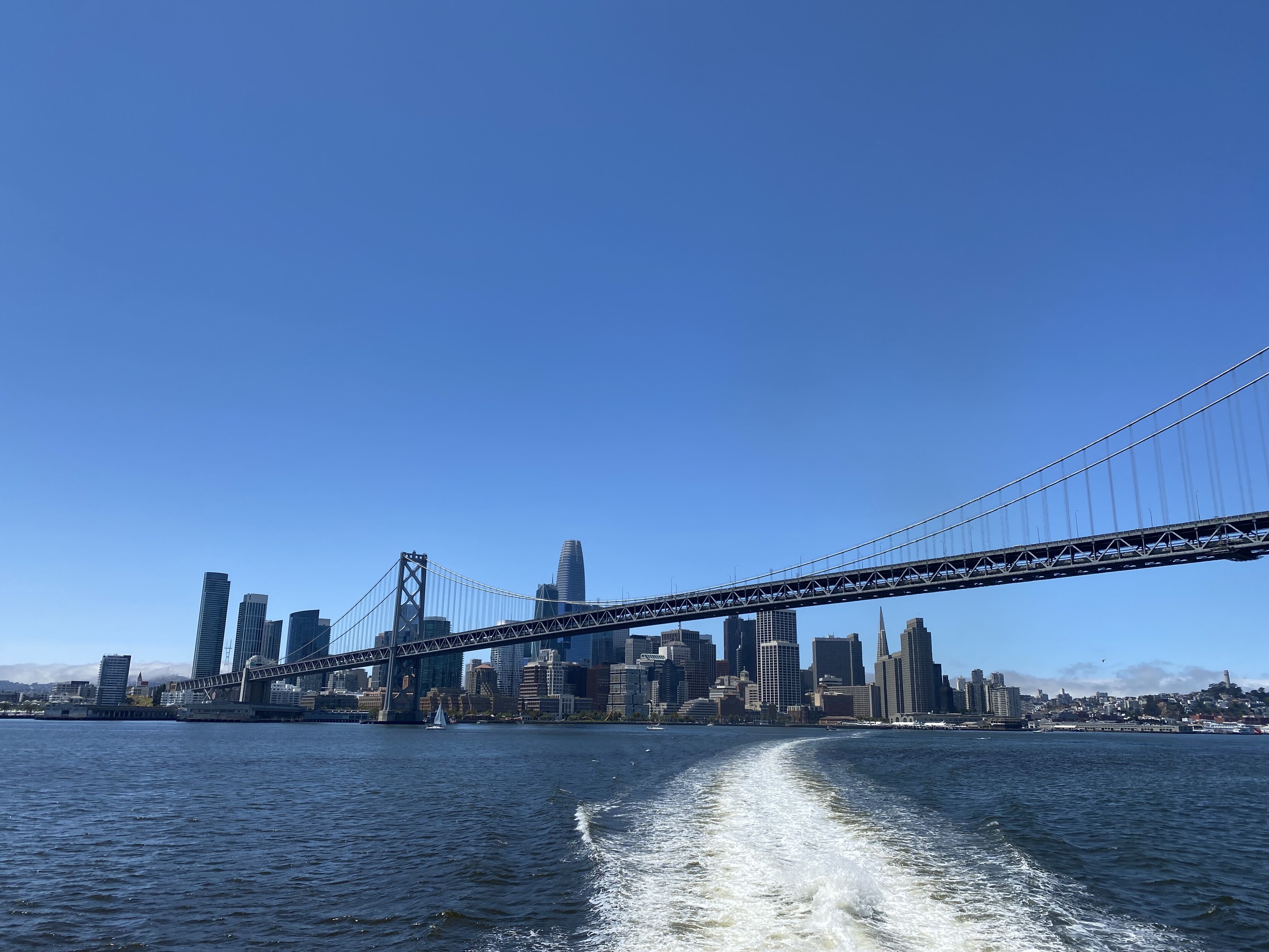 photo, clear blue sky day, wake under the bay bridge looking back to the san francisco city skyline, from a ferry en route to alameda