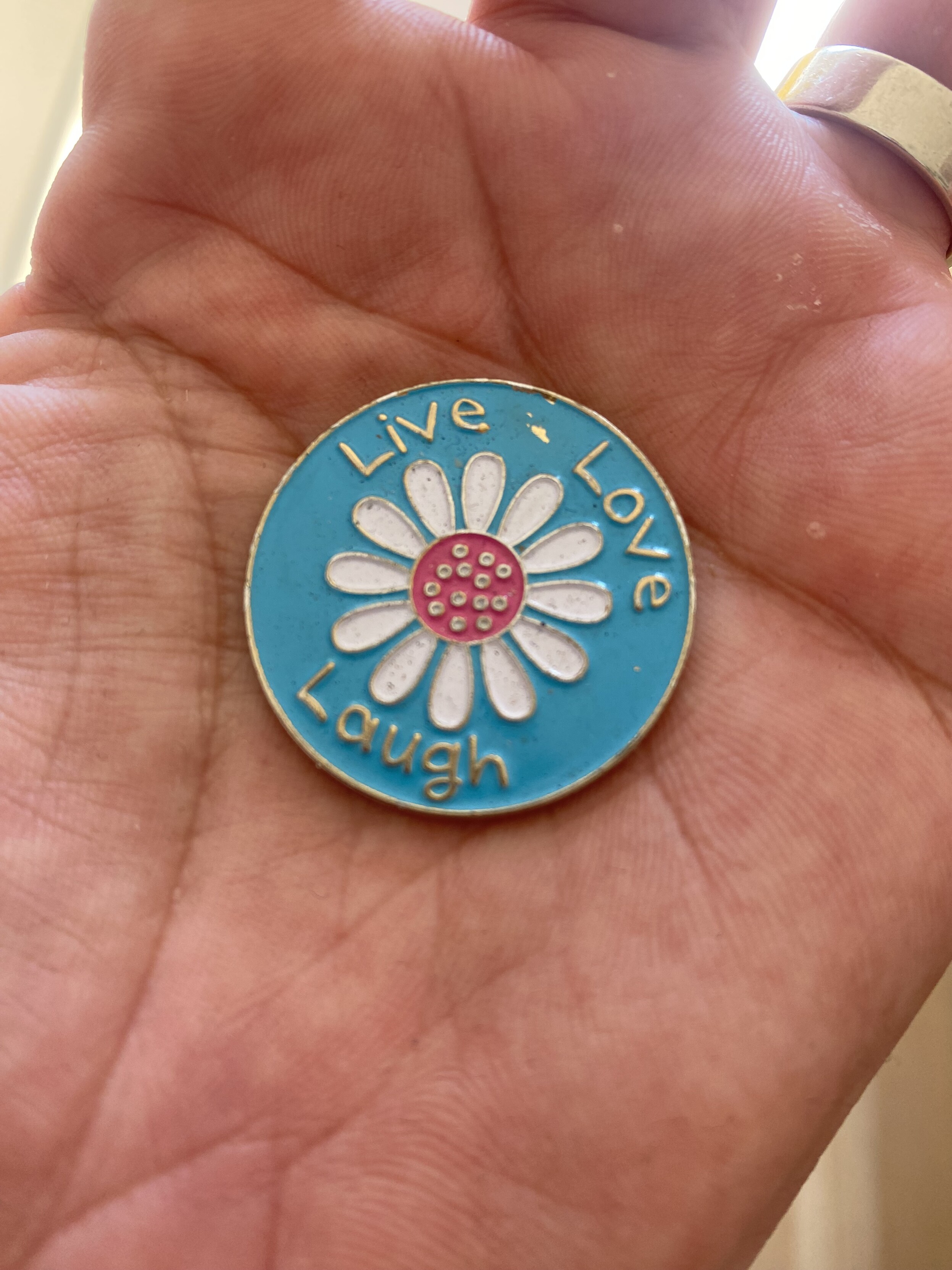 photo of a challenge coin in my palm, a light blue field with a white daisy with a pink center in the middle, and the words Live top left, Love top right, and Laugh bottom center