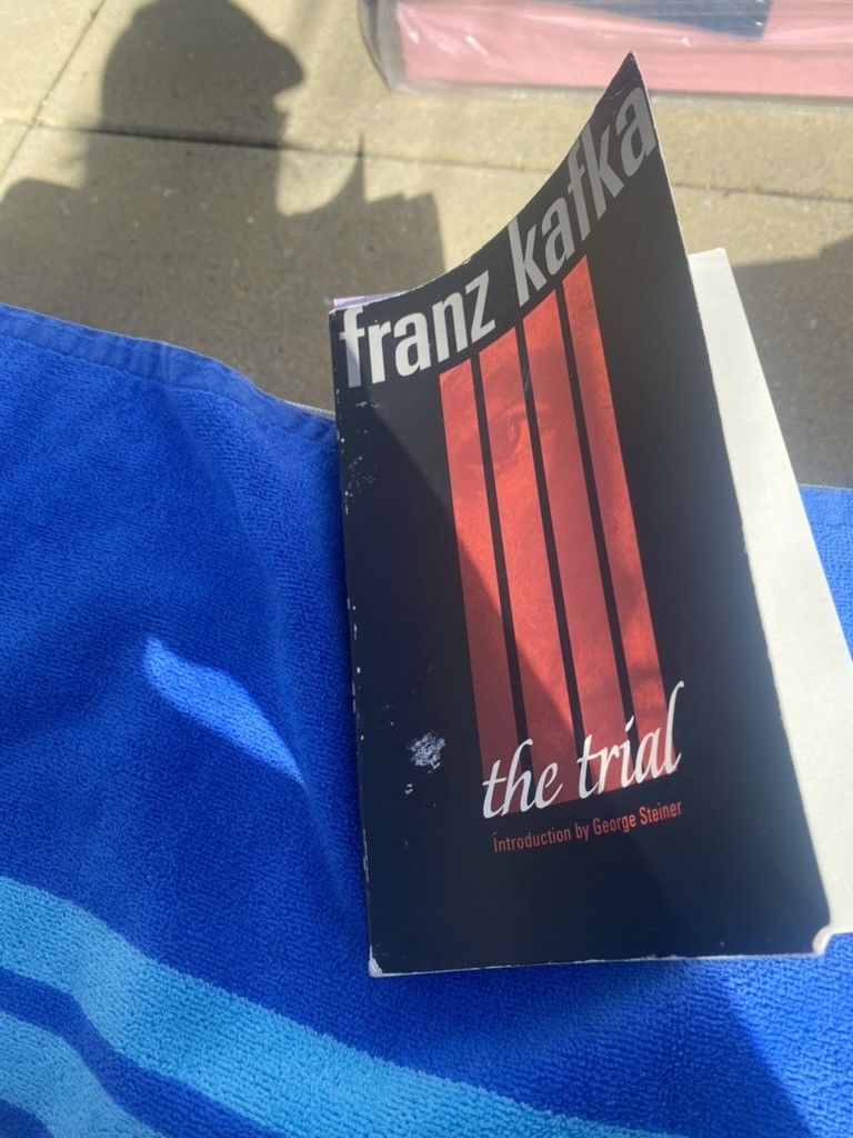 the copy I read, yesterday, on my blue beach towel in the foregrown, my own shadow on the patio pavers in the background, where I was working on my suntan yesterday, wondering why god gives me his toughest battles (why I chose to read this instead of a page-turner that would actually be relaxing for the weekend)