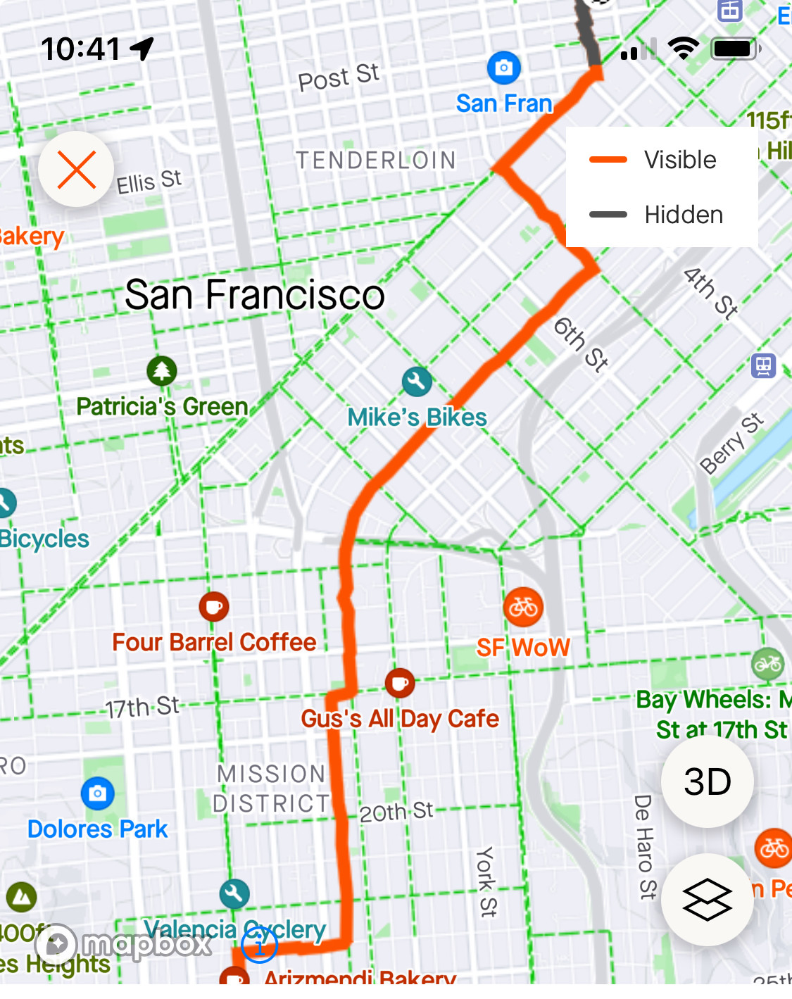 my commute sf bicycle network routeNorth on valenciaEast on 23rdNorth on ShotwellEast on 17thNorth on FolsomNorthwest on 5thNortheast on Marketez-mode hell zone lane split on Kearny