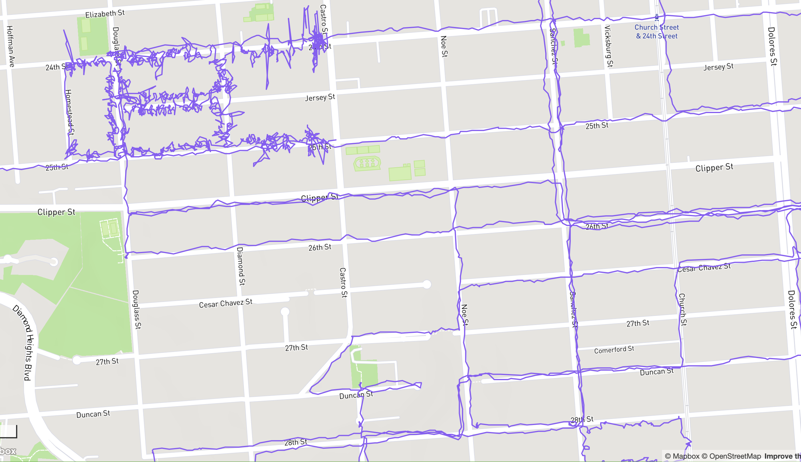 a street map of the southwest of noe valley with purple lines throughout from walks I’ve done in the past few months and a tightly packed bunch of walks along a few blocks in one corner where I did a lit drop like six years ago