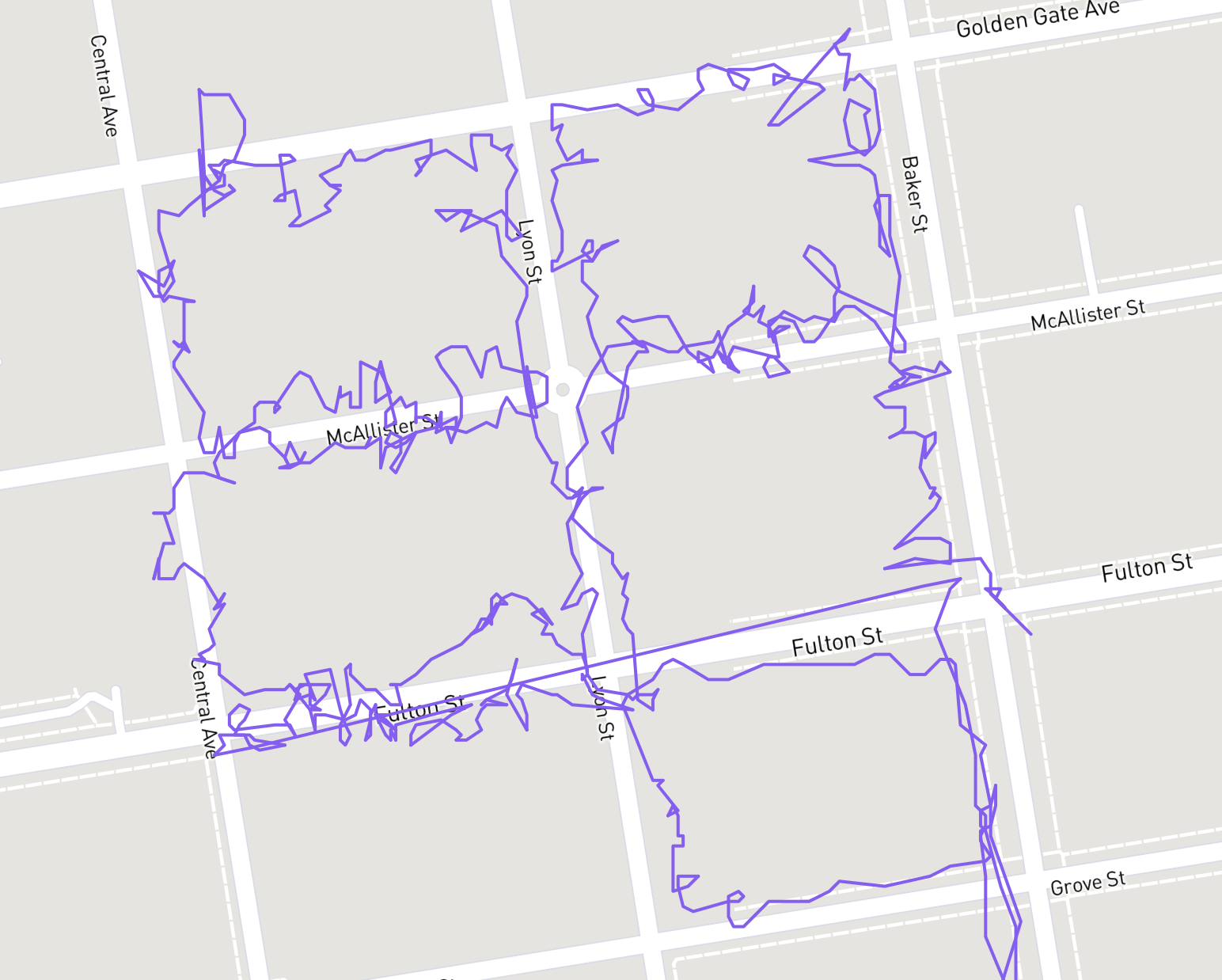 a map of SF’s NoPa neighborhood with a tight four block turf of purple squiggly lines 