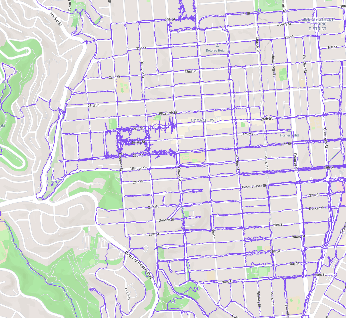 A street map of San Francisco’s Noe Valley, Dolores Heights, Liberty Hill, and bits of Bernal Heights, Glen Park, and Twin Peaks, with purple pathing lines on nearly every street in the area b/w 20th, valencia, 30th, and market (but not market). cropped to not completely dox myself