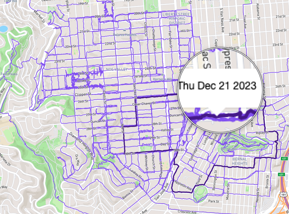 a street map of san francisco, from Twin Peaks to Dolores Park to 101, with purple lines demarking logged walks over 2/3 of the blocks. One walk is highlighted a darker purple looping around Bernal Heights, kissing Holly Park, and then west to Noe