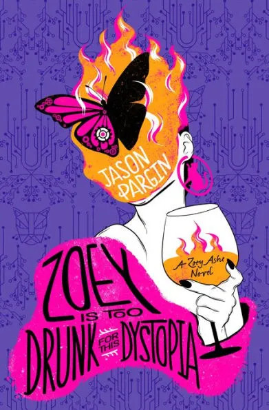 Hardback cover, dark purple circuit-looking lines over purple background, illustration of someone wearing a pink cat earring with orange flames obscuring their face and a butterfly obscuring the flames, holding a wine glass of flames, title in black over a pink blob.