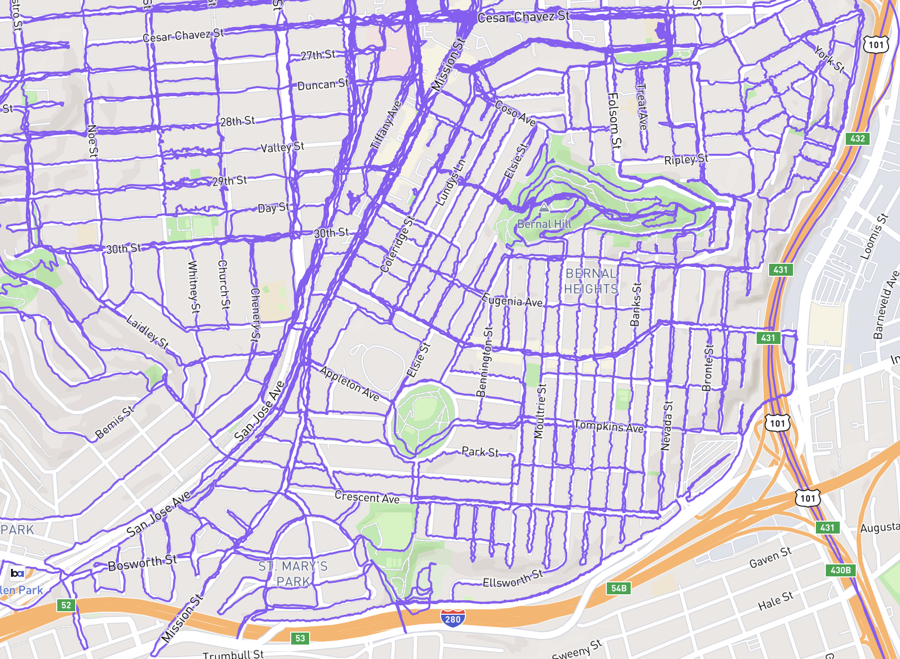 A San Francisco street map centering the area bound by Ceasar Chavez, 101, Alemany, and 280, on which every street has a meandering purple GPS path I’ve logged on it. 