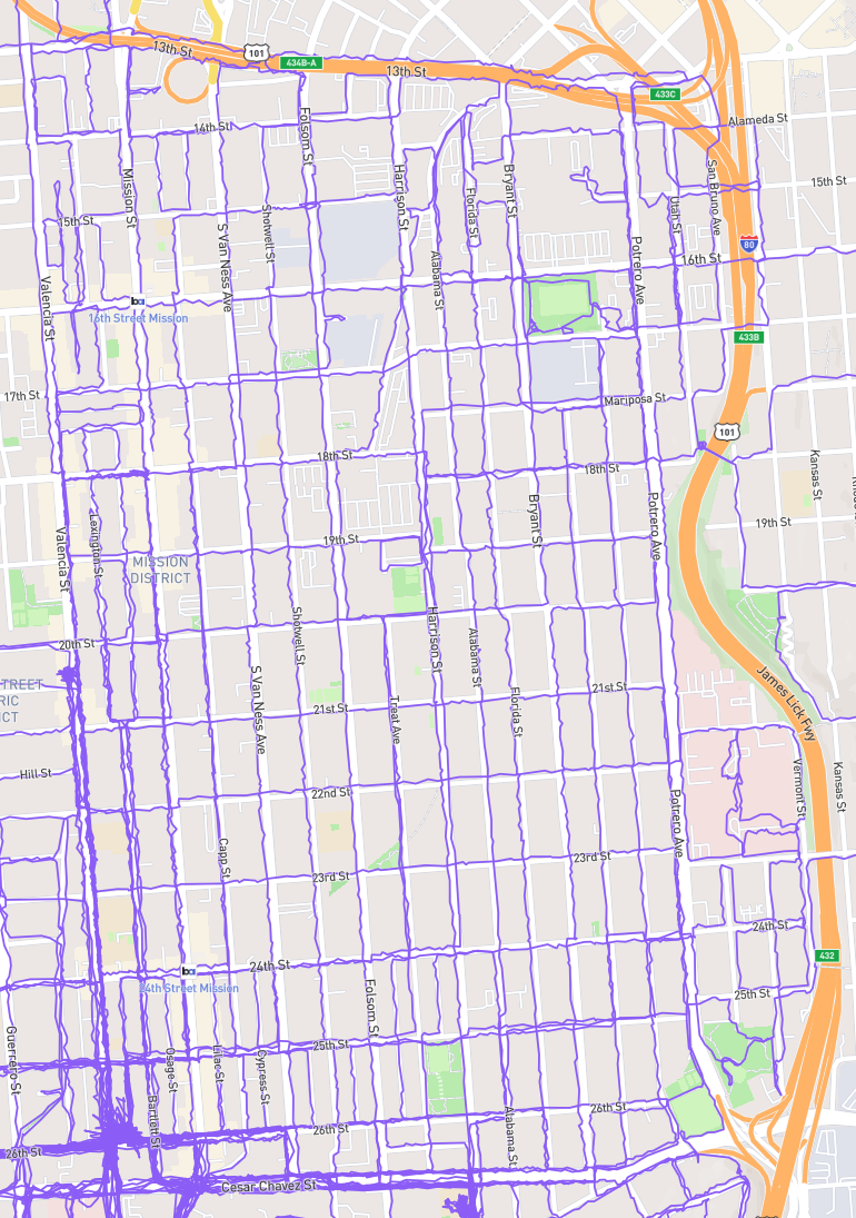 A San Francisco street map centering the area bound by 101, Ceasar Chavez, and Valencia, on which every street has a meandering purple GPS path I’ve logged on it. (I tried to walk Erie St a few times but it’s been under construction each time.)