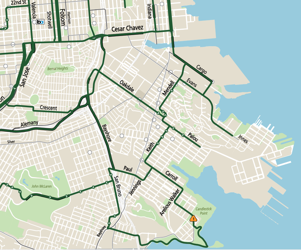 picture of the SFMTA pdf of recommended routes of the southeast corner of San Francisco