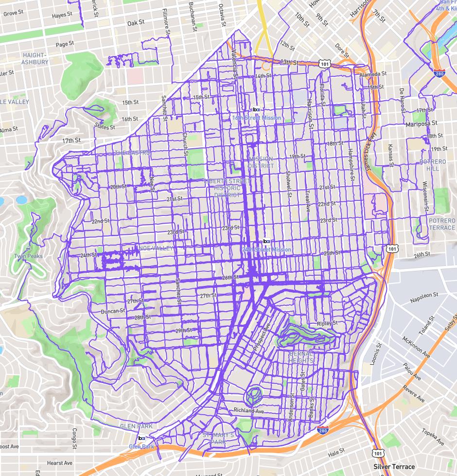 A San Francisco street map centering the area bound by 101, 280, and Market, on which every street has a meandering purple GPS path I’ve logged on it, generally completing (in order I walked it) Noe Valley, Bernal Heights, the Inner Mission, Mission Dolores, the Castro, and Eureka Valley. (I think of the Castro north of market as Corona Heights or Duboce Triangle).Along the way this time I filled in lots of alleys I had skipped in Noe Valley because walking on Valencia is getting pretty tedious (and I’ve lived on or a block off of it for 14 years).