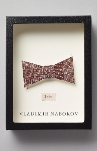 the current Vintage International paperback cover of “Pnin” by Vladimir Nabovkov, as I read it:a black leather frame that is set on and shadows a white field contains a bow tie constructed of two or three pieces of maroon paper covered with the lowercase typewritten letters p, n, i, and n in repetitive 8 letter blocks is affixed to white board with sewing pins.and a strip of cream paper with “Pnin” typewritten below,