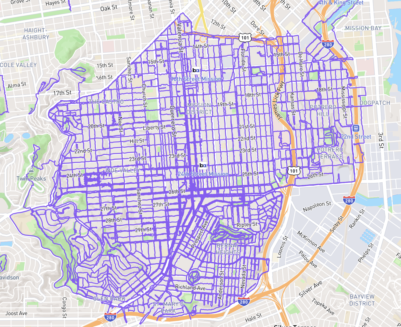 A San Francisco street map centering the area bound by Market, 3rd street, 280, and Twin Peaks, on which most streets have a meandering purple GPS path I’ve logged on it, generally completing (in order I walked it) Noe Valley, Bernal Heights, the Inner Mission, Mission Dolores, the Castro, Eureka Valley, Glen Park, Diamond Heights, and Potrero Hill.