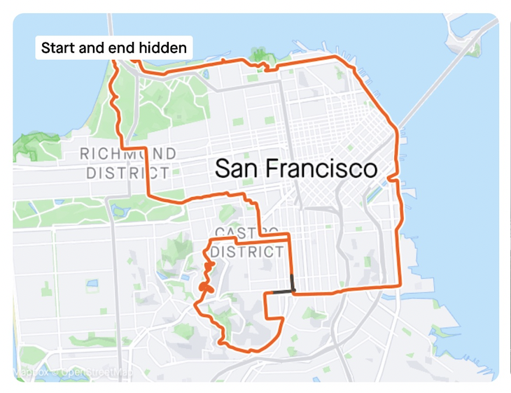 Screen shot from Strava of my route, a red line over a map of san francisco through the mission, glen canyon, twin peaks, down 17th, across cesar chavez, and up around the bay to the golden gate bridge, then returning through the presidio, golden gate park, the wiggle, to the mission