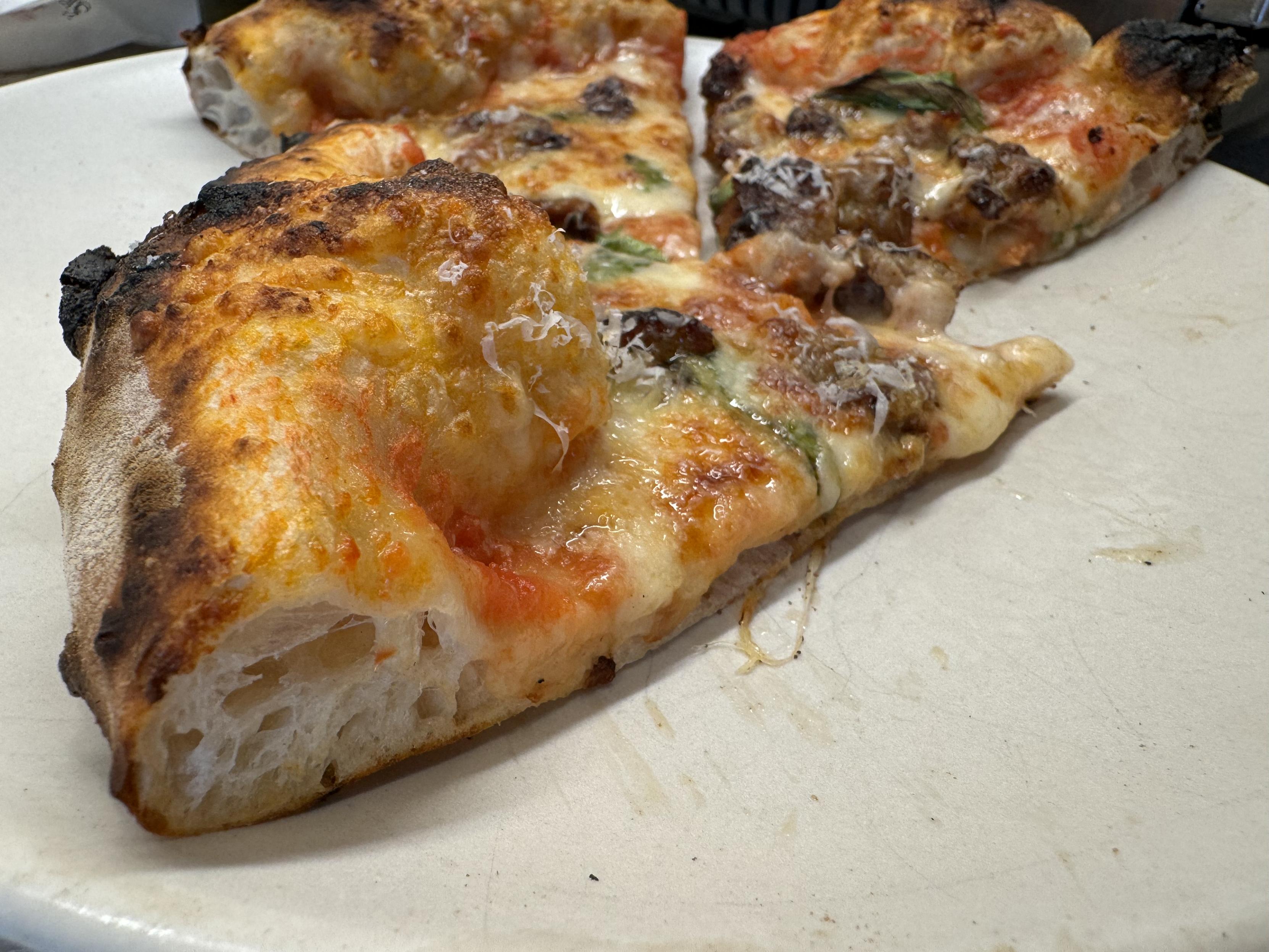 photo of plated slices, showing off the crust bubbles in the sausage/provolone pizza. p good tonight!