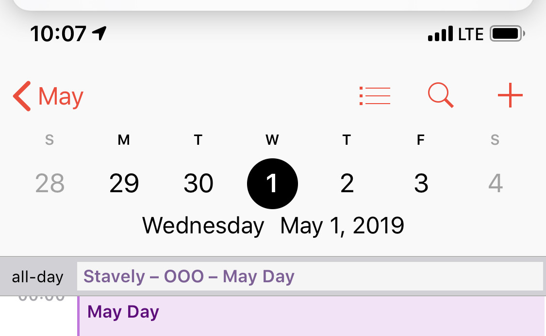 Calendar app on my iPhone displaying my OOO team calendar and personal calendar for May Day 