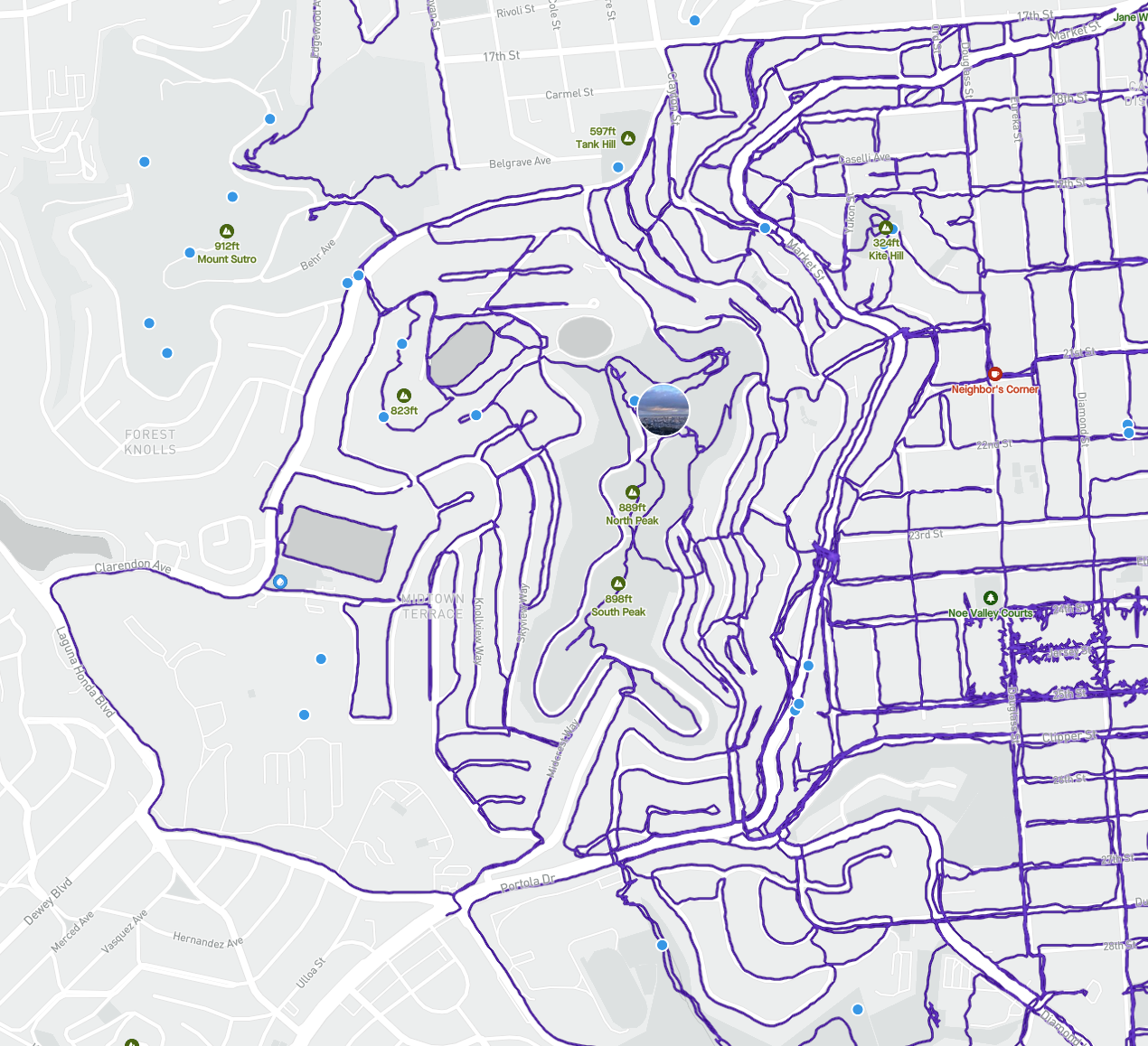 A San Francisco street map centering the area around Twin Peaks, bound by 17th street along the north, Noe St. to the east, Portola to the south, and 9th ave on the west. Surrounding Twin peaks, most streets have a meandering purple GPS path I’ve logged on it, generally completing (in order I walked it) Eureka Valley, Clarendon Heights, Upper Market, and Midtown Terrace.