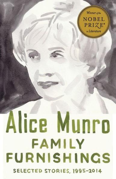 the cover of A Family Furnishings, selected stories: 1995-2014, originally published as Selected Stories. green on white water color text under an illustration of (I assume) the author, somewhat older than in the previous anthology