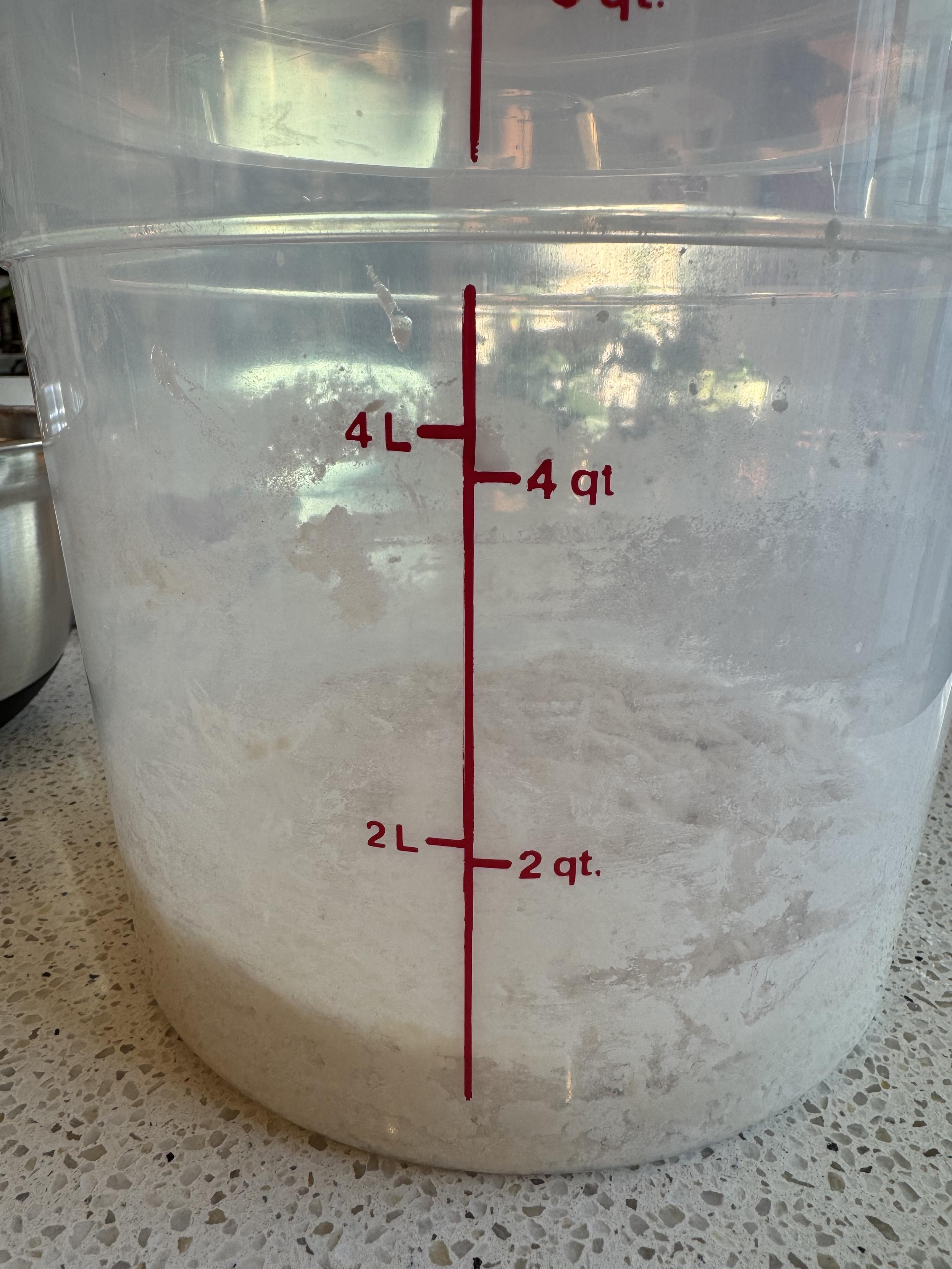 photograph of a 6qt fermenting tub this morning with neapolitan pizza dough (100% 00, 65% hydration) I used sourdough starter instead of my usual SAF instant. The dough isn’t exactly flat but it’s at about .75 qt? maybe .5?