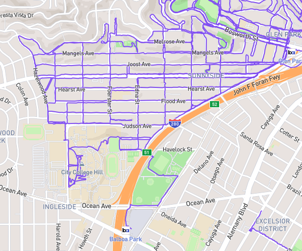 A map of San Francisco, Balboa Park BART along the center-bottom, Glen Park BART in the top right corner, 280 bisecting along the two, and the entirety of Sunnyside’s streets (and most alleys) marked with a purple trail. I’ve also decided to walk the front paths of City College rather than loop down to Ocean Ave to square off the ‘hood because it was prettier.