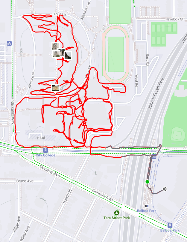 screenshot crop of a mapped walk in Strava detailing that I walked p much every path in the south-west corner of City College this morning, which means lots of doubling back, looping, taking each meandering path back to the same spot, each set of stairs on all sides of and round buildings, in the fog