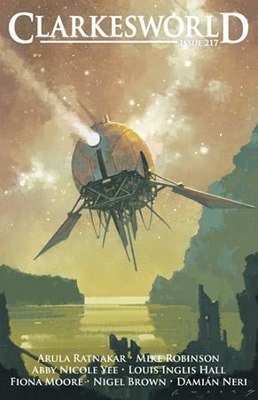 The cover of Clarkesworld issue 217, a ship that looks like a cross between Sputnik and a junk fly over a body of water banked by cliffs on either side over a sepia nebulae filled star fieldhttps://clarkesworldmagazine.com/artbio_217/Upon finishing instruction at Art Center, Robert Watts spent the next decade in aerospace where he was exposed to, and rendered, many secret and wildly advanced concepts. This period was followed by a movement into the much broader field of general illustration and storytelling assignments. His career has included the broadest range of styles, media and subject matter imaginable. Most notable among all these has been a deep love of fictional adventure, from Jules Verne to Larry Niven. The story has always been key, be it Nemos’ submarine Nautilus, or the saga of the Ring World. The search goes on into the worlds we only dream of seeing.