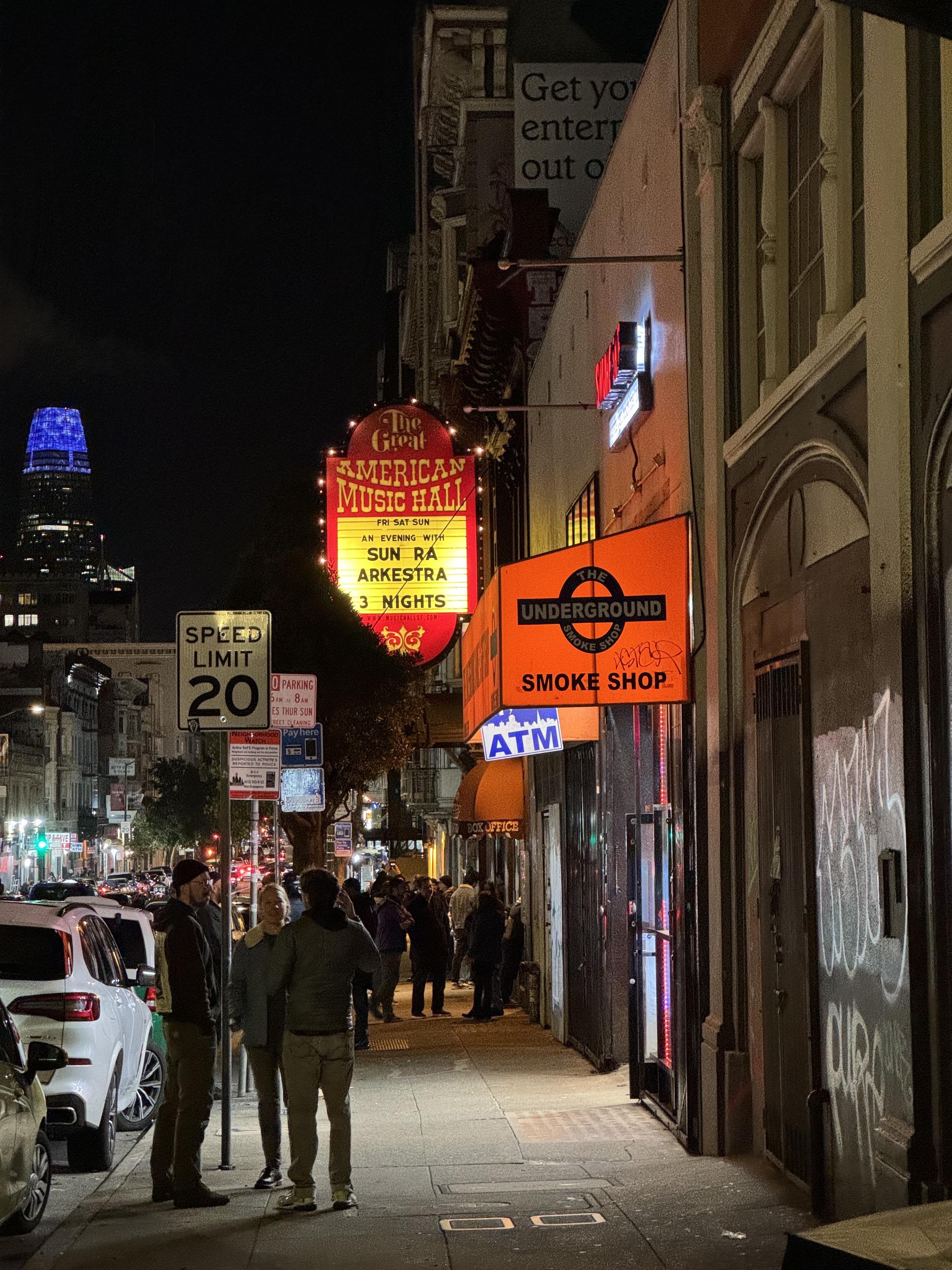 photo of the marque of The Great American Music Hall in SF, the Sun Ra Arkestra is playing tonight, i'm inside