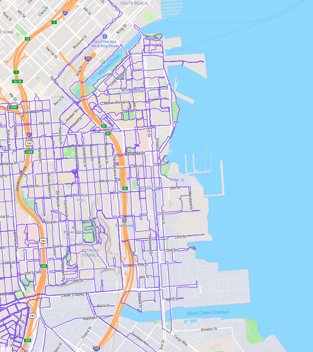 A map of San Francisco, 101 on the left, 280 in the center, soma to the top and Islay creek along the bottom. All of the visible sections of the Mission, Bernal Heights, Potrero Hill, Mission Bay, and Dogpatch streets (and most alleys but not all the weird driveways and private sections of old streets which are slowly returning) are marked with a purple trail.