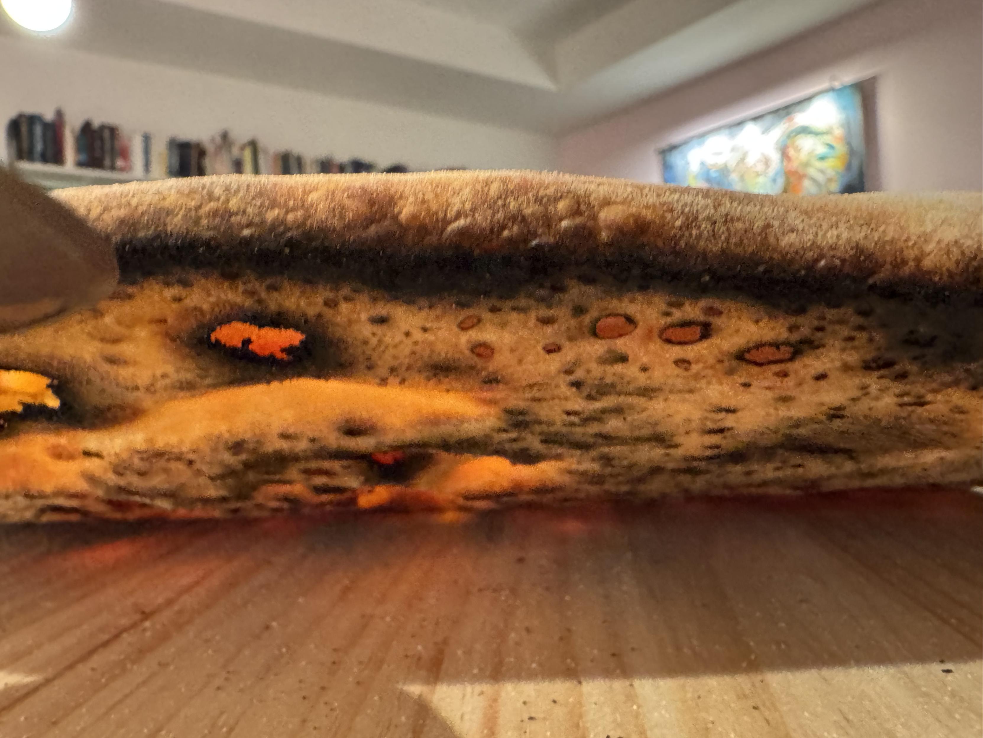 photograph of the underside of the pizza tilted up from the peel, displaying bubbles of varying sizes from very small to half an inch burst and leapoarded, larger bubbles merely lifted as cavities, w/ a near black ring around the outer edge of the crust