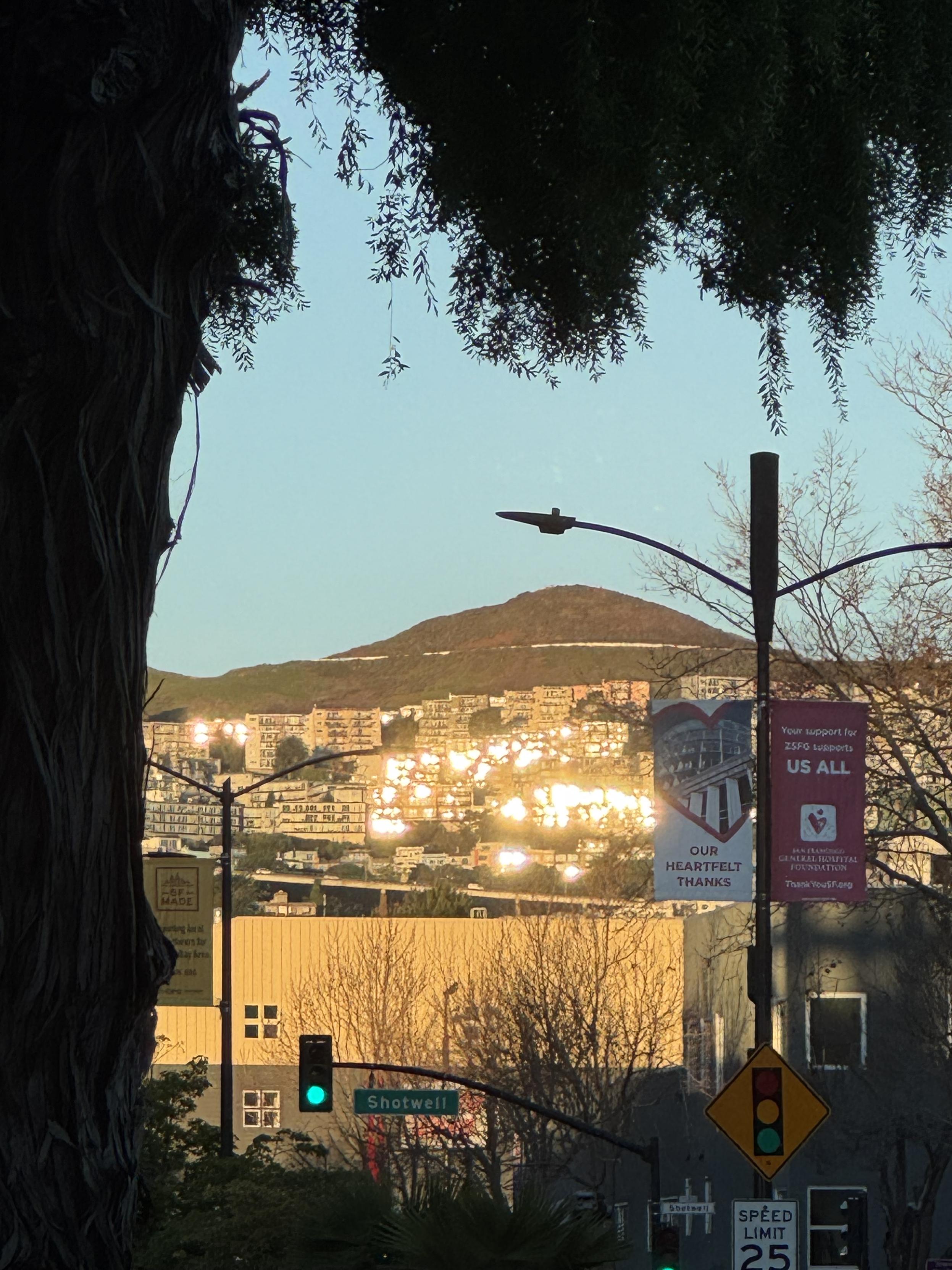 street level 3x zoom phone photograph looking west from the sidewalk of Cesar Chavez st. at Showell, framed on the left by a tree and right by a light pole, Noe peak in the distance under a clear blue sky is set over a center fifth of the photo banding a few blocks of buildings reflecting a blazing sunrise on a balmy warm morning with a cold ocean breeze.