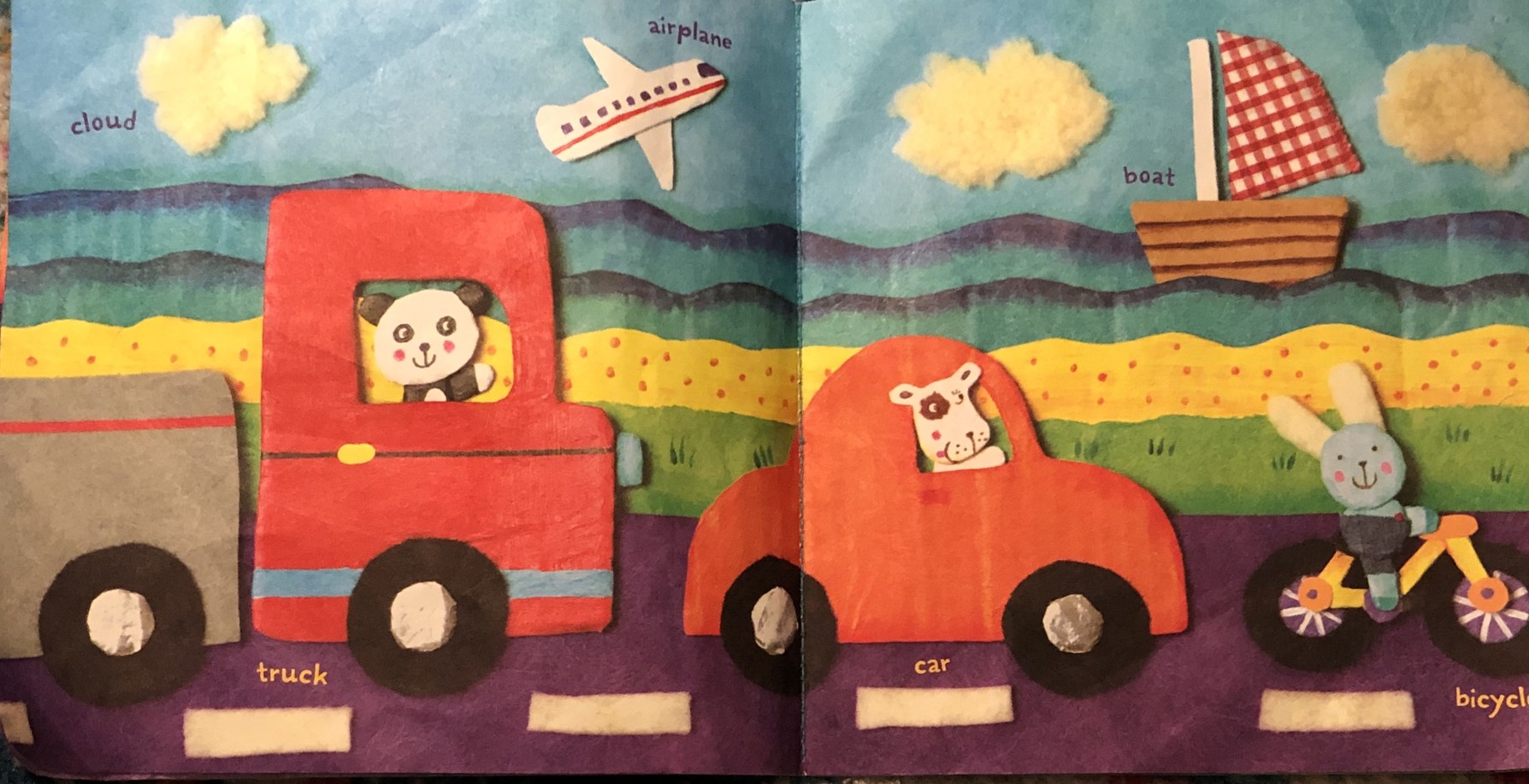 children book of words with illustrations: truck, car, bicycle, airplane, boat, cloud