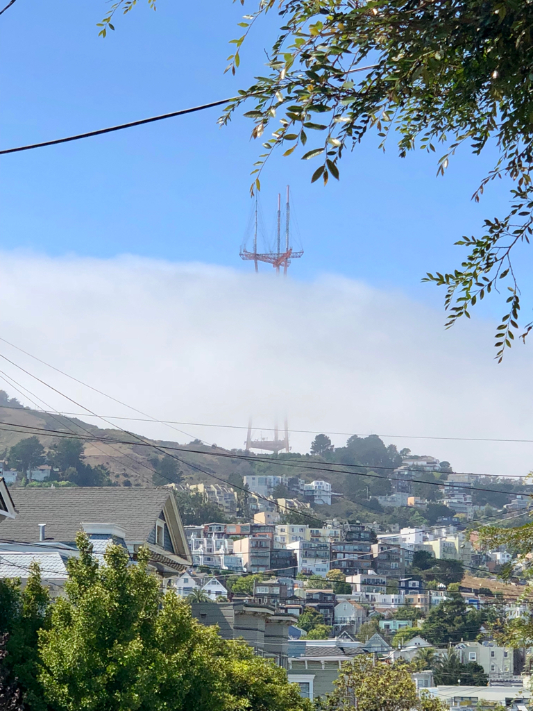 Sutro Tower obscured partly by fog