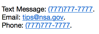 Text Message: (777)777-7777. Email: tips@nsa.gov. Phone: (777)777-7777.