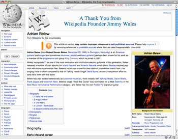 screenshot of wikipedia on the Adrian Belew page