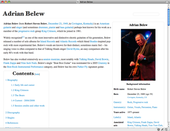 screenshot of simplepedia on the Adrian Belew page